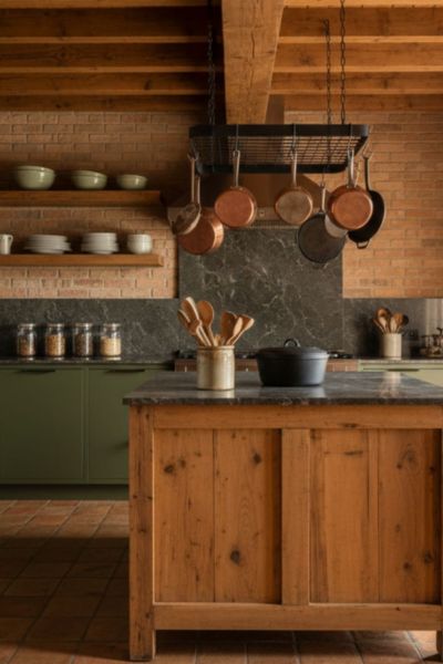 cuisine rustique moderne vert marron bois brique