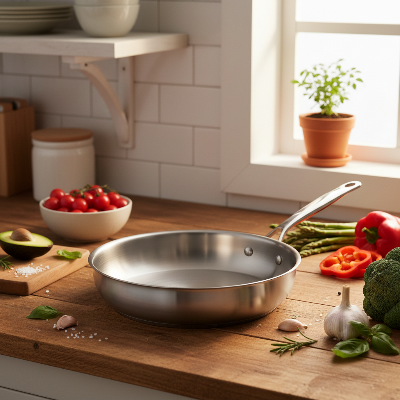 poele inox 18 10sur plan de travail en bois epices legumes frais 