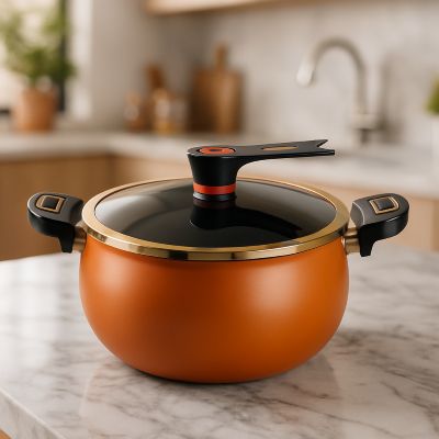 marmite_micro_pression_26_cm_orange sur plan de travail marbre