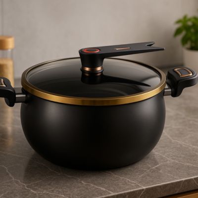 marmite_micro_pression_26_cm_capacite 7l sur plan de travail marbre gris