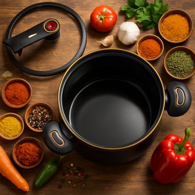 marmite_micro_pression_26 cm vue_de_haut sur plan de travail bois epices et legumes frais