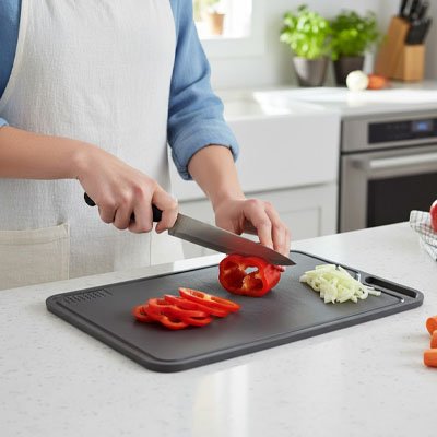 Planche a decouper découpe de poivron et oignons