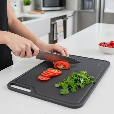 Planche a decouper découpe de tomates et persil