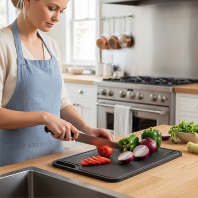 Planche a decouper découpe poivrons tomates oignons