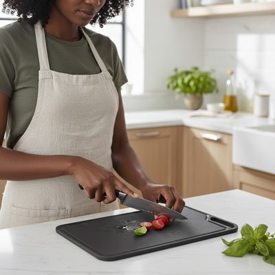 Planche a decouper découpe tomates cerises menthe citron