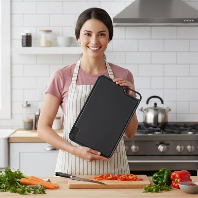 Planche a decouper présentation de face tenue en main