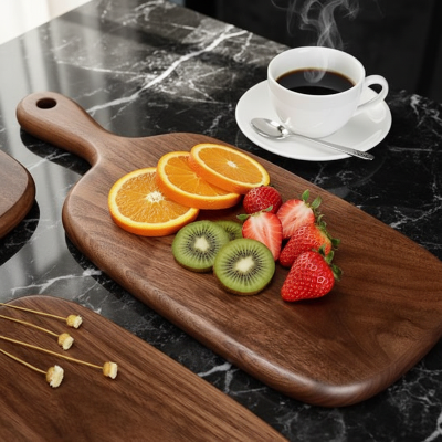 Planche à pain avec café et fruits tranchés