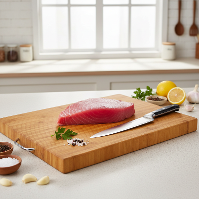 Planche à découper bambou avec steak de thon 