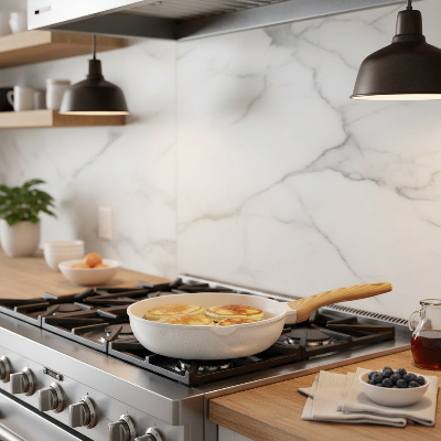 Poêle et wok en céramique cuisson  pancakes sur gaz