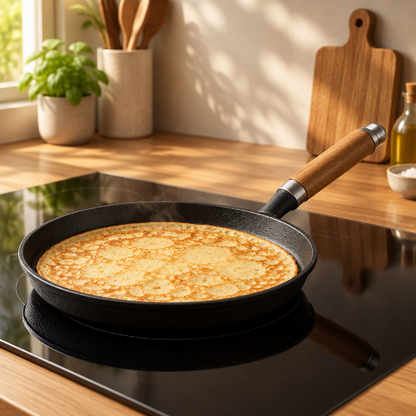 Poêle à crêpes en fonte noire avec une crêpe dorée en cuisson sur une plaque à induction