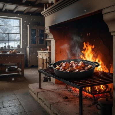 Poele fonte special four avec coq au vin dans la cheminée