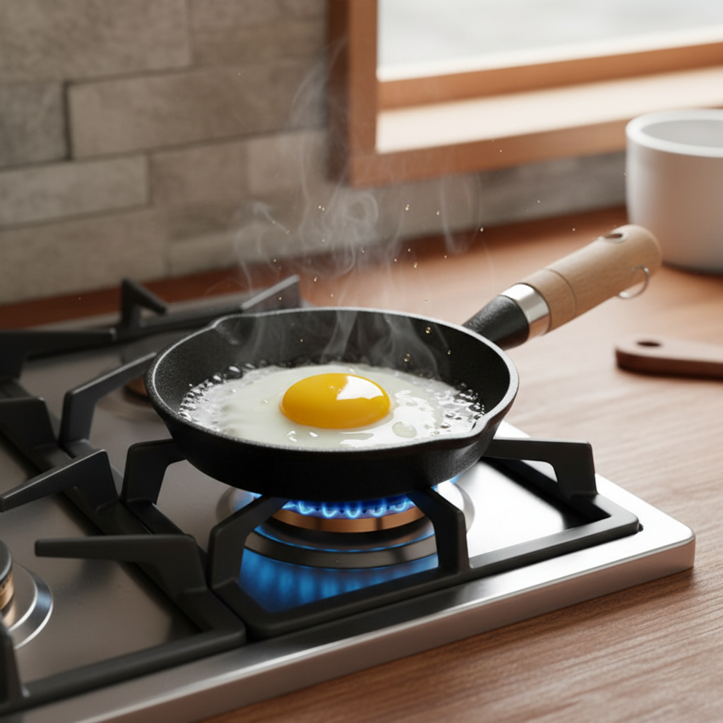 Poêle fonte mini - oeuf au plat sur gaz
