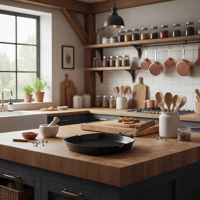 Poêle grill en fonte nettoyée et culottée dans cuisine moderne rustique