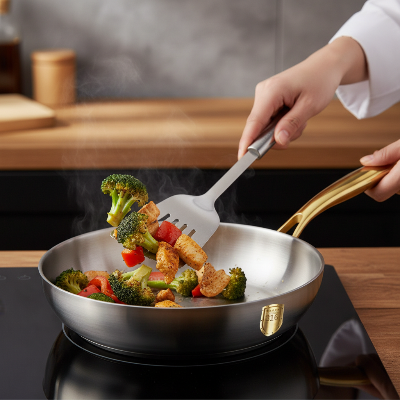 poele acier inoxydable  316 avec spatule en inox sur plaque induction cuisson legumes