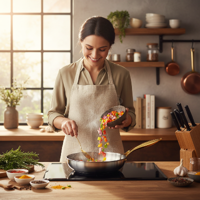 poele acier inoxydable - Scène de cuisine lifestyle