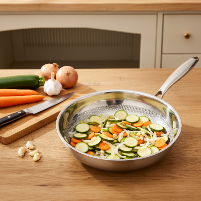 Poêle inox induction - préparation légumes plan de travail