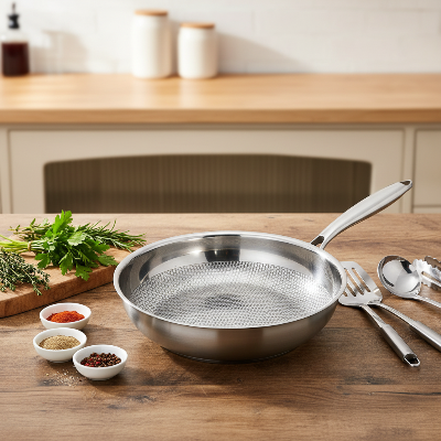 Poêle inox induction propre - ustensiles et épices sur planche en bois