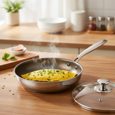 PoêlePoêle en acier inoxydable revêtement titane avec omelette fumante et couvercle