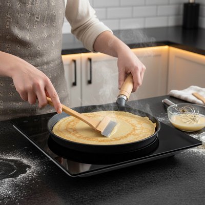 Poêle à crêpes étalement pâte à crêpes dans poêle