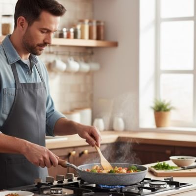 Poele a frire sauté de légumes sur gaz homme cuisine