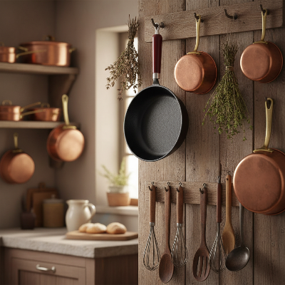 Poele accrochee dans cuisine rustique