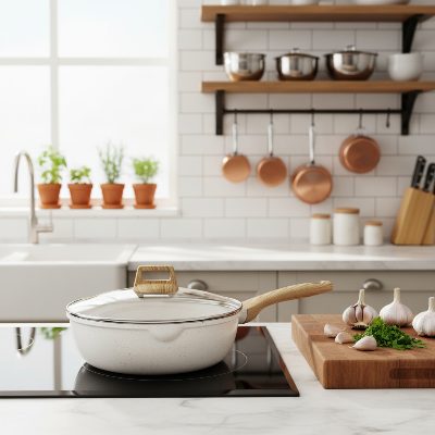 Poêle et wok en céramique avec couvercle dans belle cuisine avec ail et persil