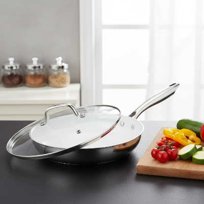 Poêle en acier inoxydable avec couvercle sur plan de travail noir