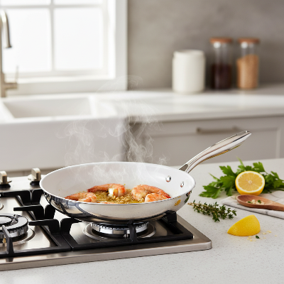 Poêle en acier inoxydable avec crevettes à l'ail