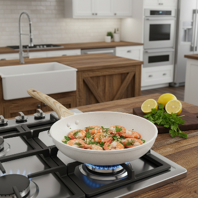 Poêle et wok en céramique cuisson crevettes sur gaz