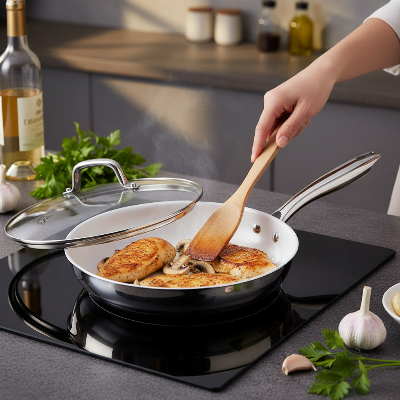 Poêle en acier inoxydable cuisson poulet et champignons