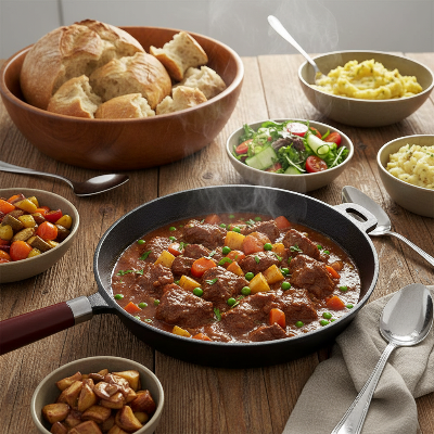 Poele fonte avec ragout sur buffet rustique