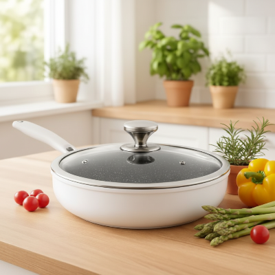 poele tout inox sur plan de travail avec couvercle en  verre trempé