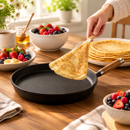 Poêle à crêpes en fonte noire sur une table de goûter avec une main adulte et une assiette de crêpes dorées