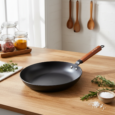 Poele a frire en fonte avec manche en bois posee a plat sur plan de travail avec joli decor cuisine moderne et rustique