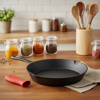 Poêle en fonte avec manche rouge silicone a cote  sur plan de travail