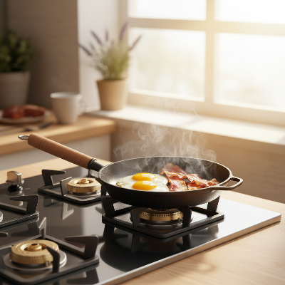 Poele en fonte cuisson petit dejeuner oeufs bacon