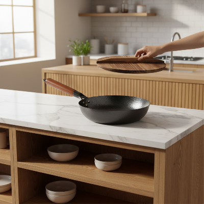 Poele et wok main tenant couvercle joli decor cuisine moderne