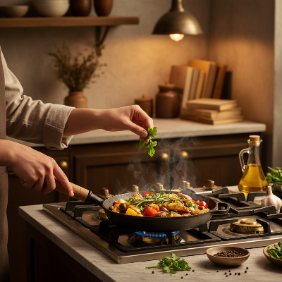 Poele en fonte preparation culinaire inspirante sur gaz