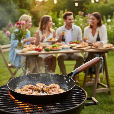 Poele et wok sur bbq jardin avec gambas et gens arriere plan a table