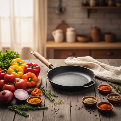 Poele en fonte sur plan de travail avec legumes et epices