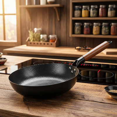 Poele et wok  fonte naturelle 28 cm sur plan de travail bois rustique avec plaque induction
