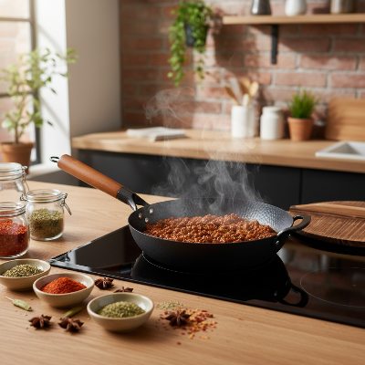 Poele et wok  sur plaque avec sauce bolognaise epices