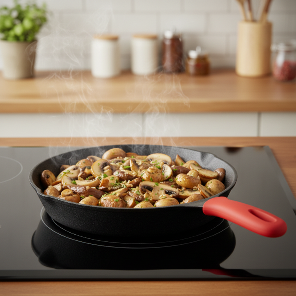 Poêle en fonte 30 cm sur plaque induction avec champignons