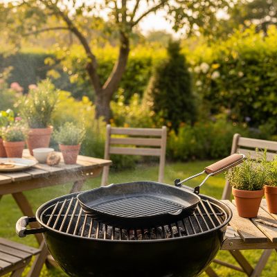 Poele grill en fonte dans un decor jardin prete pour le BBQ