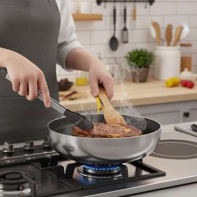 Poele inox sur cuisinière à gaz cuisson cuisson steak