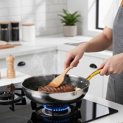 Poele inox sur cuisinière à gaz cuisson cuisson steak main tient le manche