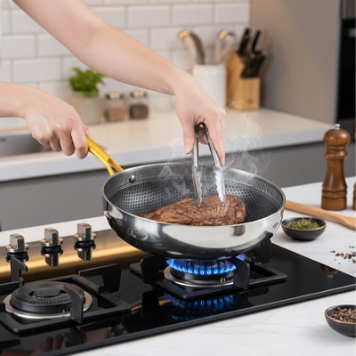 Poele inox sur cuisinière à gaz cuisson cuisson steak main tient le manche