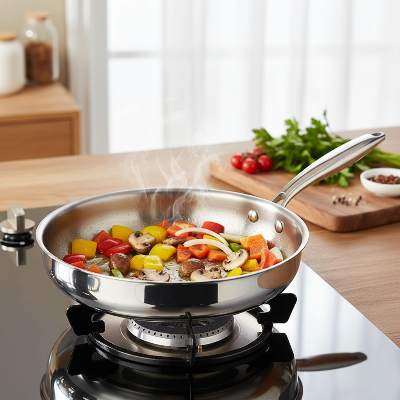 Poêle en acier inoxydable revêtement titane cuisson légumes sur gaz