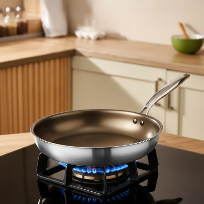 Poêle en acier inoxydable revêtement titane sur gaz