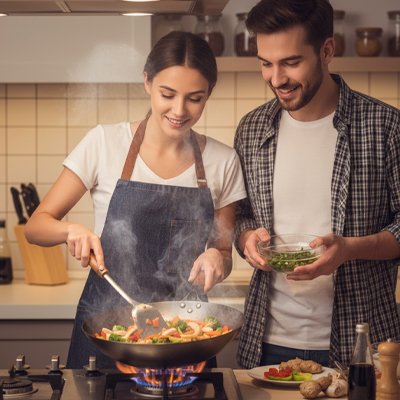 Poele wok couple cuisant legumes sur plaque gaz